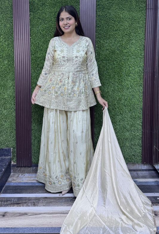 Chinnon Silk Peplum Multi Thread Embroidery Plazo Suit with Dupatta