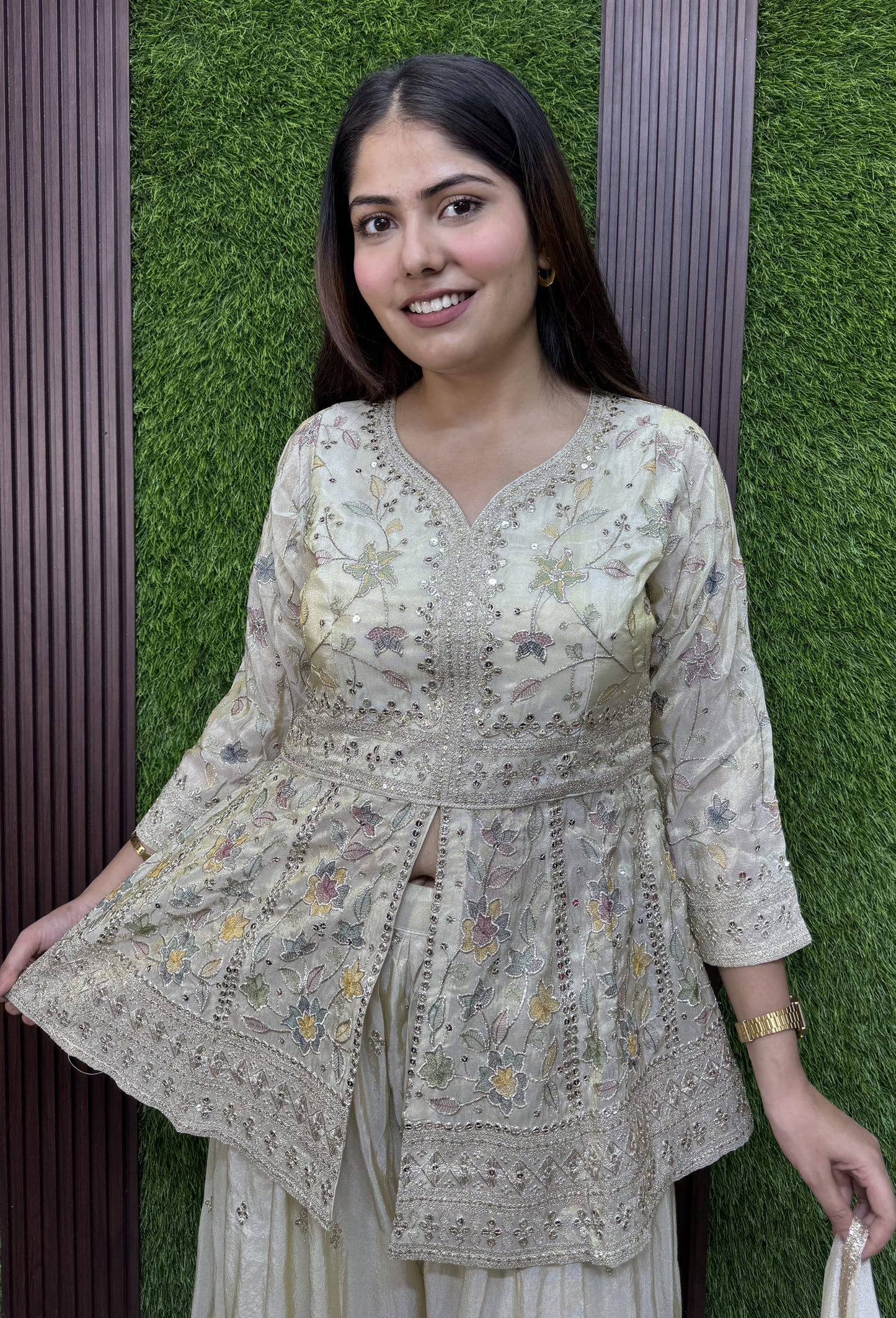 Chinnon Silk Peplum Multi Thread Embroidery Plazo Suit with Dupatta