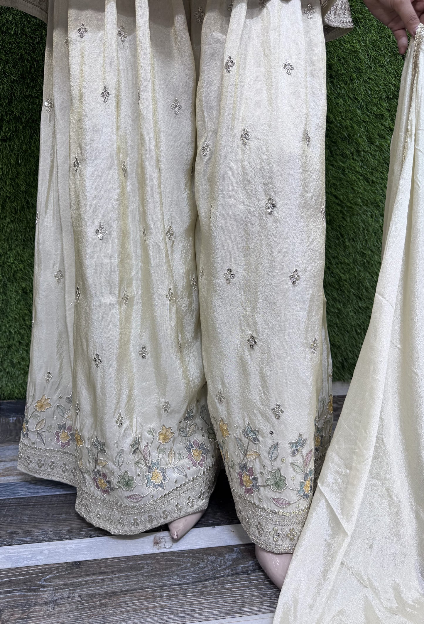 Chinnon Silk Peplum Multi Thread Embroidery Plazo Suit with Dupatta