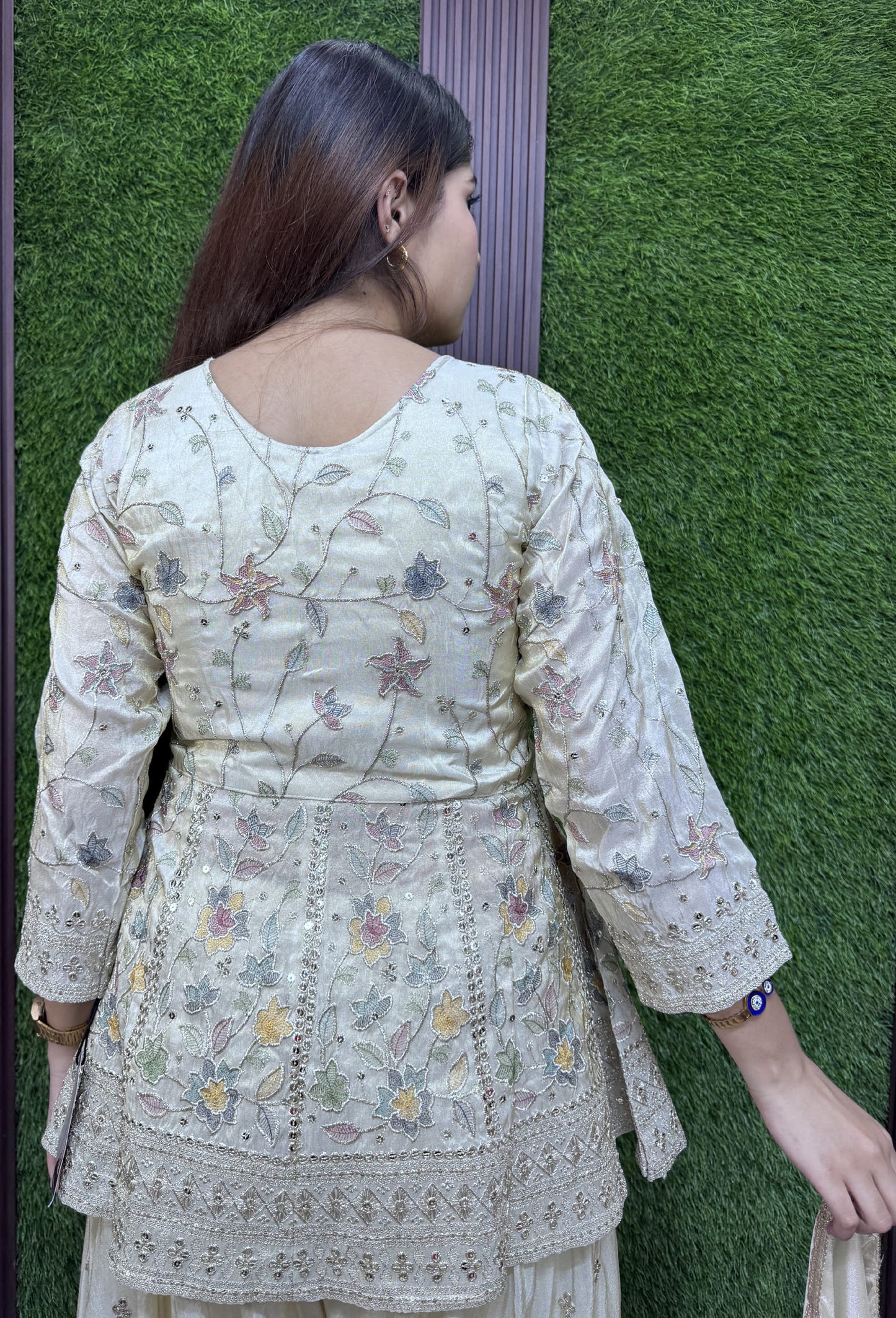 Chinnon Silk Peplum Multi Thread Embroidery Plazo Suit with Dupatta