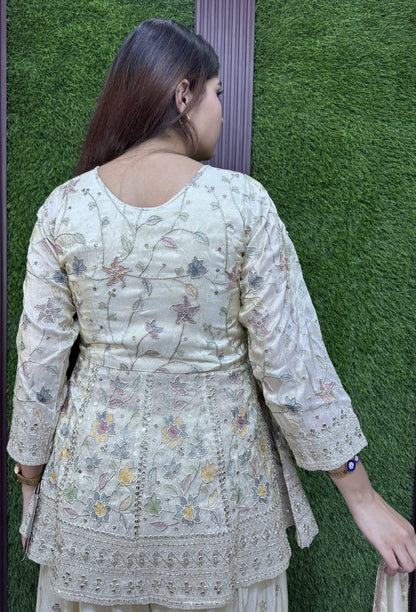 Chinnon Silk Peplum Multi Thread Embroidery Plazo Suit with Dupatta