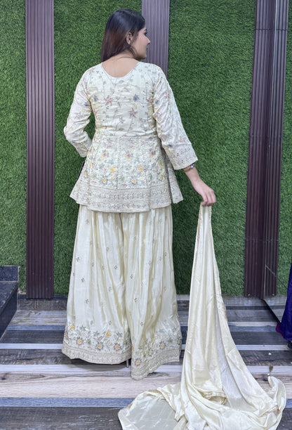 Chinnon Silk Peplum Multi Thread Embroidery Plazo Suit with Dupatta