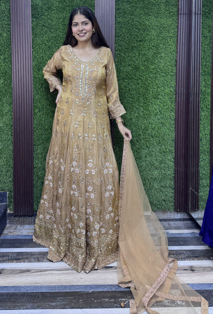 Golden Chinnon Silk Anarkali with Heavy Embroidery Mirror Work Neck Dupatta