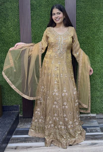 Golden Chinnon Silk Anarkali with Heavy Embroidery Mirror Work Neck Dupatta