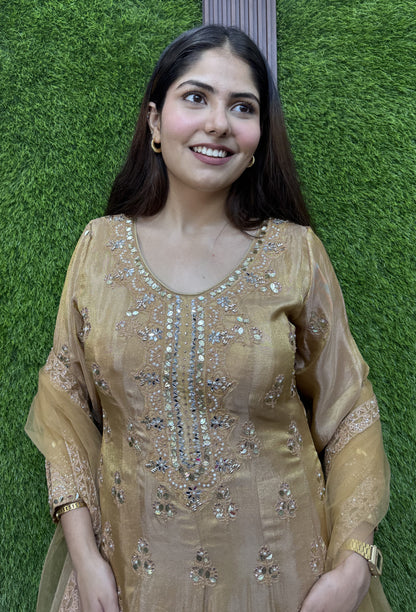Golden Chinnon Silk Anarkali with Heavy Embroidery Mirror Work Neck Dupatta
