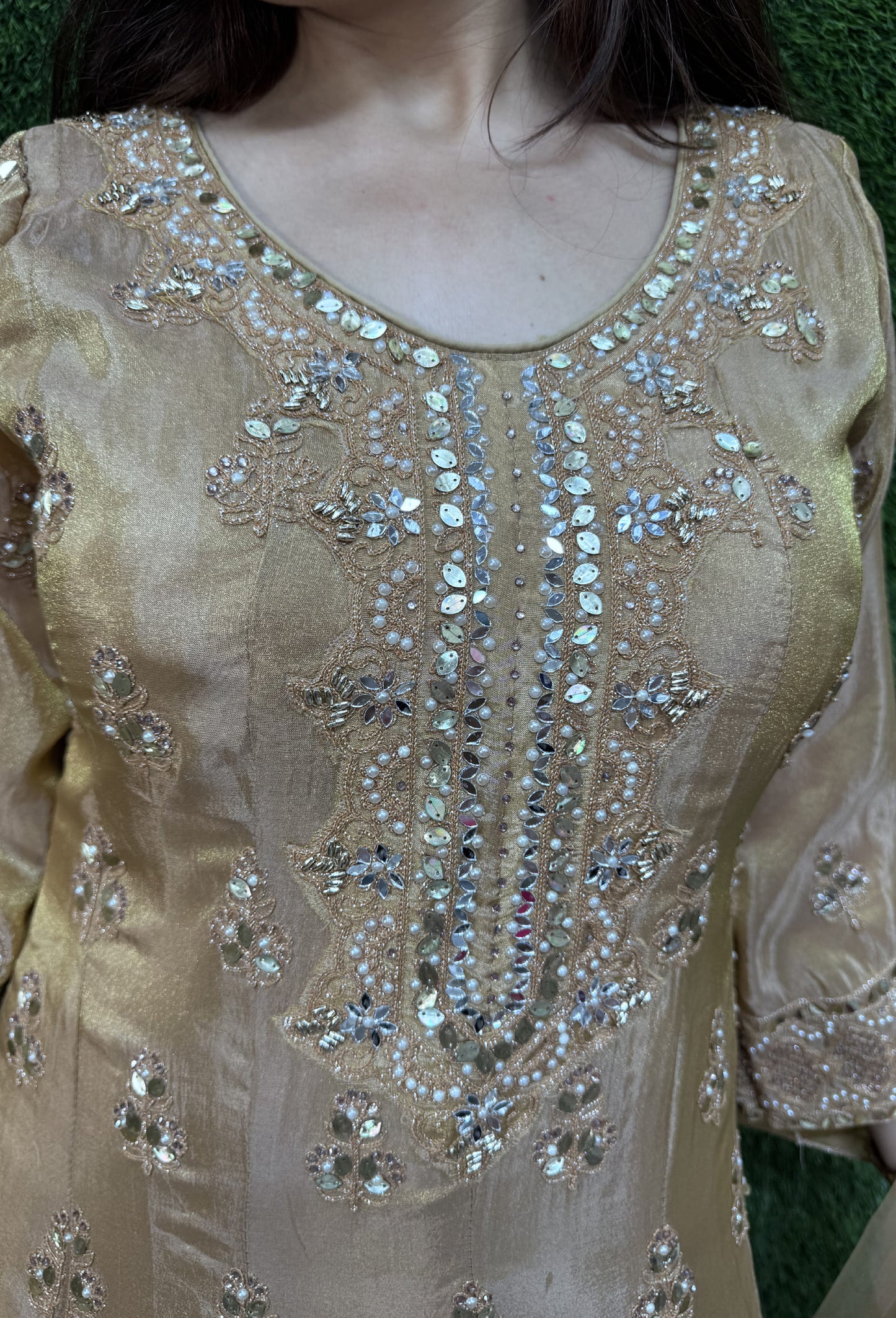 Golden Chinnon Silk Anarkali with Heavy Embroidery Mirror Work Neck Dupatta