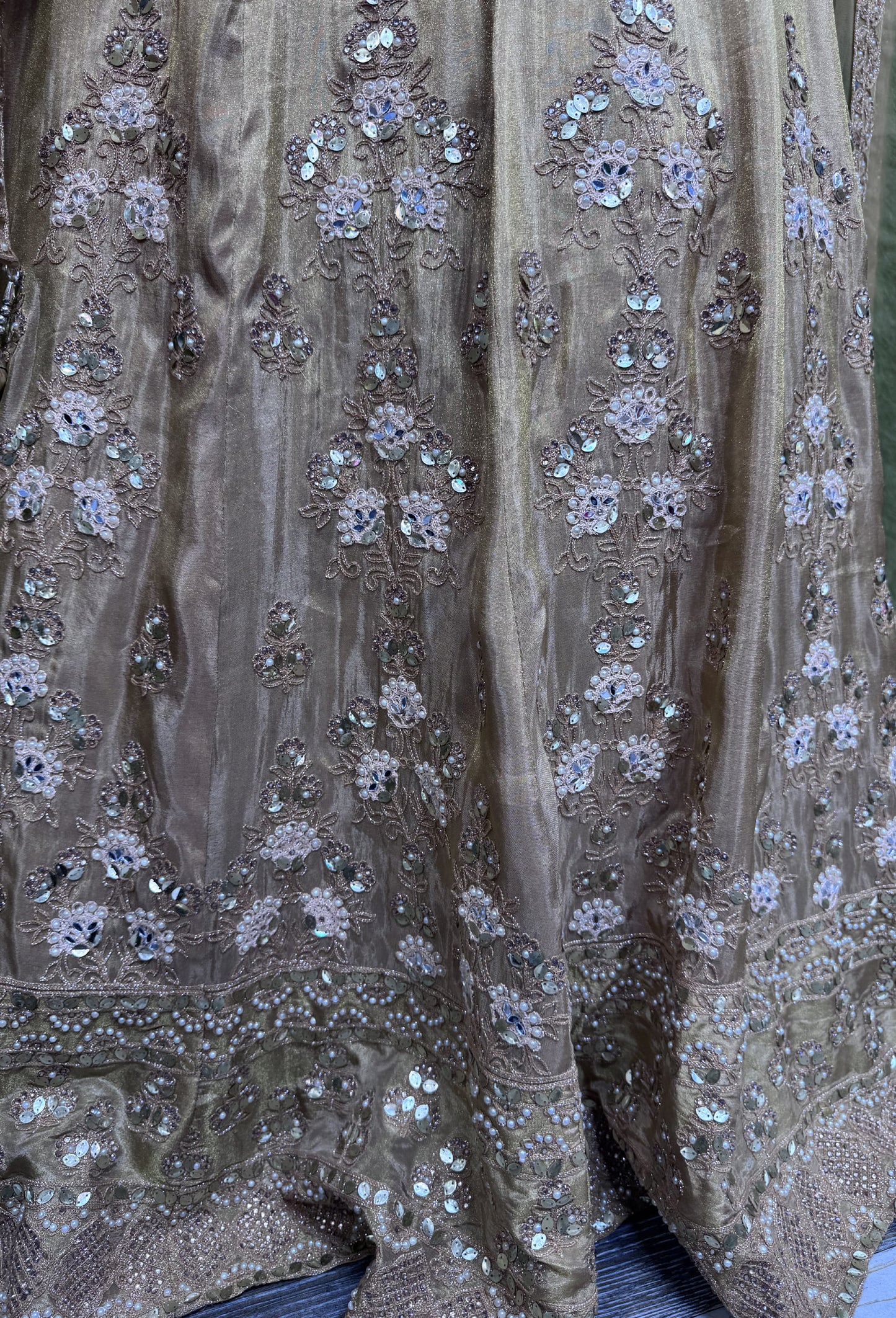 Golden Chinnon Silk Anarkali with Heavy Embroidery Mirror Work Neck Dupatta