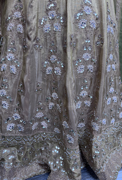 Golden Chinnon Silk Anarkali with Heavy Embroidery Mirror Work Neck Dupatta