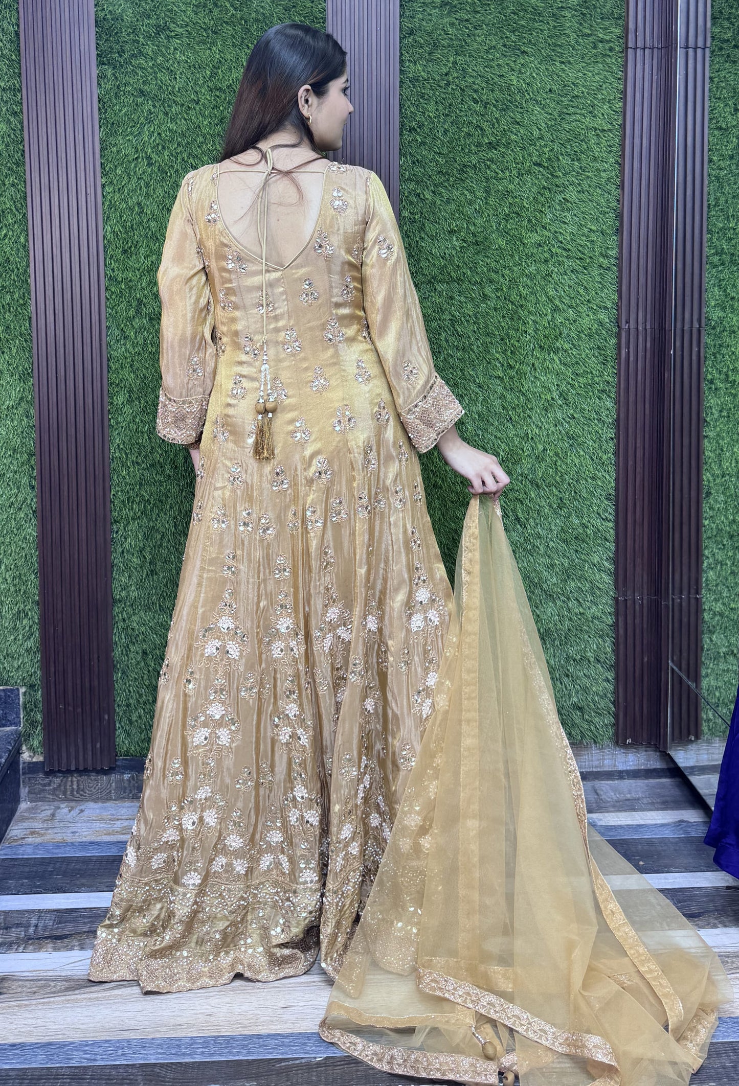 Golden Chinnon Silk Anarkali with Heavy Embroidery Mirror Work Neck Dupatta