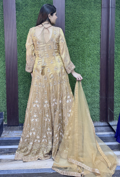 Golden Chinnon Silk Anarkali with Heavy Embroidery Mirror Work Neck Dupatta