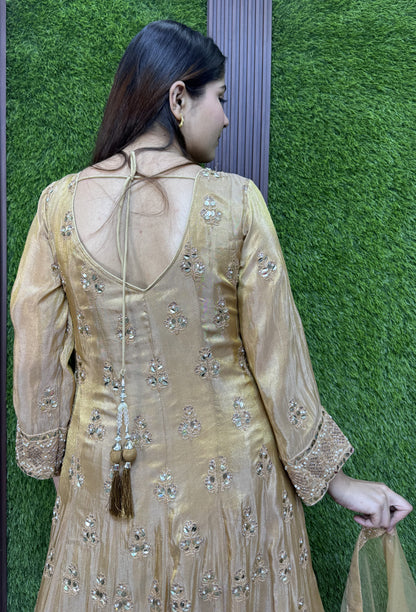 Golden Chinnon Silk Anarkali with Heavy Embroidery Mirror Work Neck Dupatta