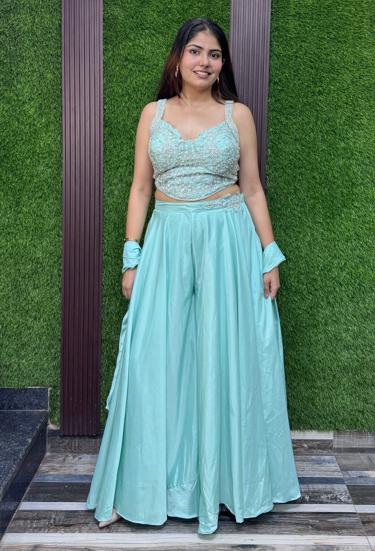 Elegant Hand Embellished Corset Style Crop Top Sharara Set with Choker Dupatta