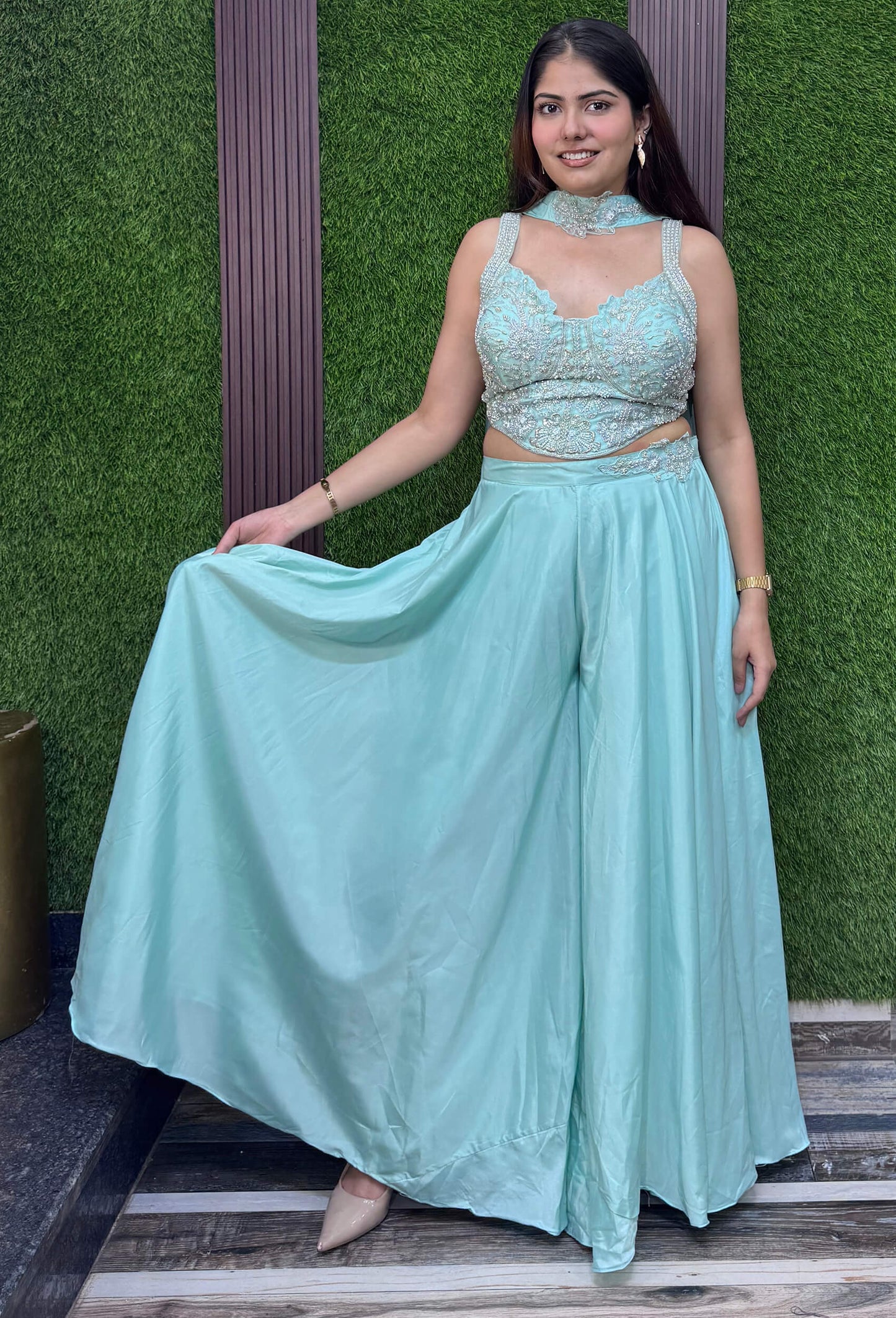 Elegant Hand Embellished Corset Style Crop Top Sharara Set with Choker Dupatta