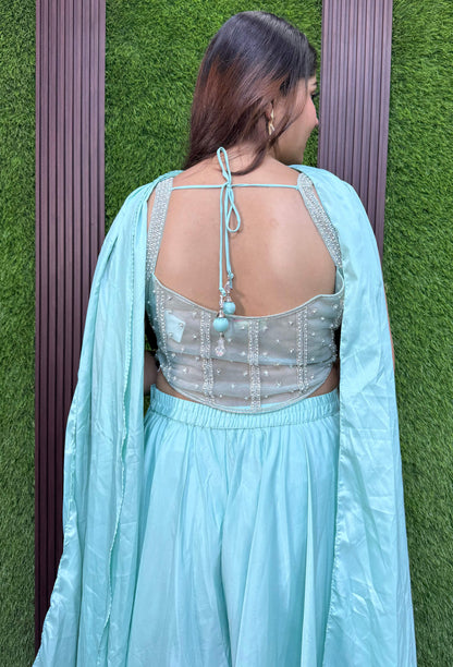 Elegant Hand Embellished Corset Style Crop Top Sharara Set with Choker Dupatta