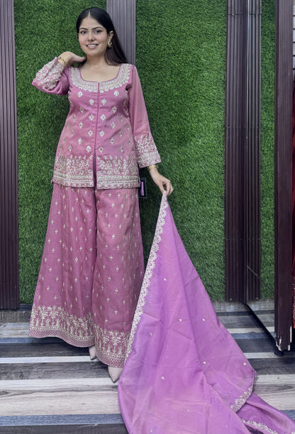 Beautiful zari embroidered Elegant sharara suit with Dupatta