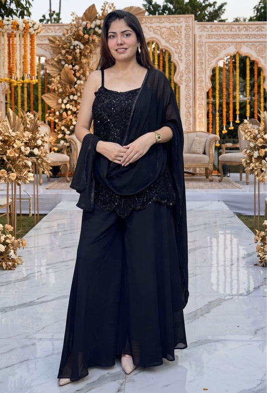 Pure Girlish Noodle Strap Short Shirt Sharara Suit with Dupatta in Black