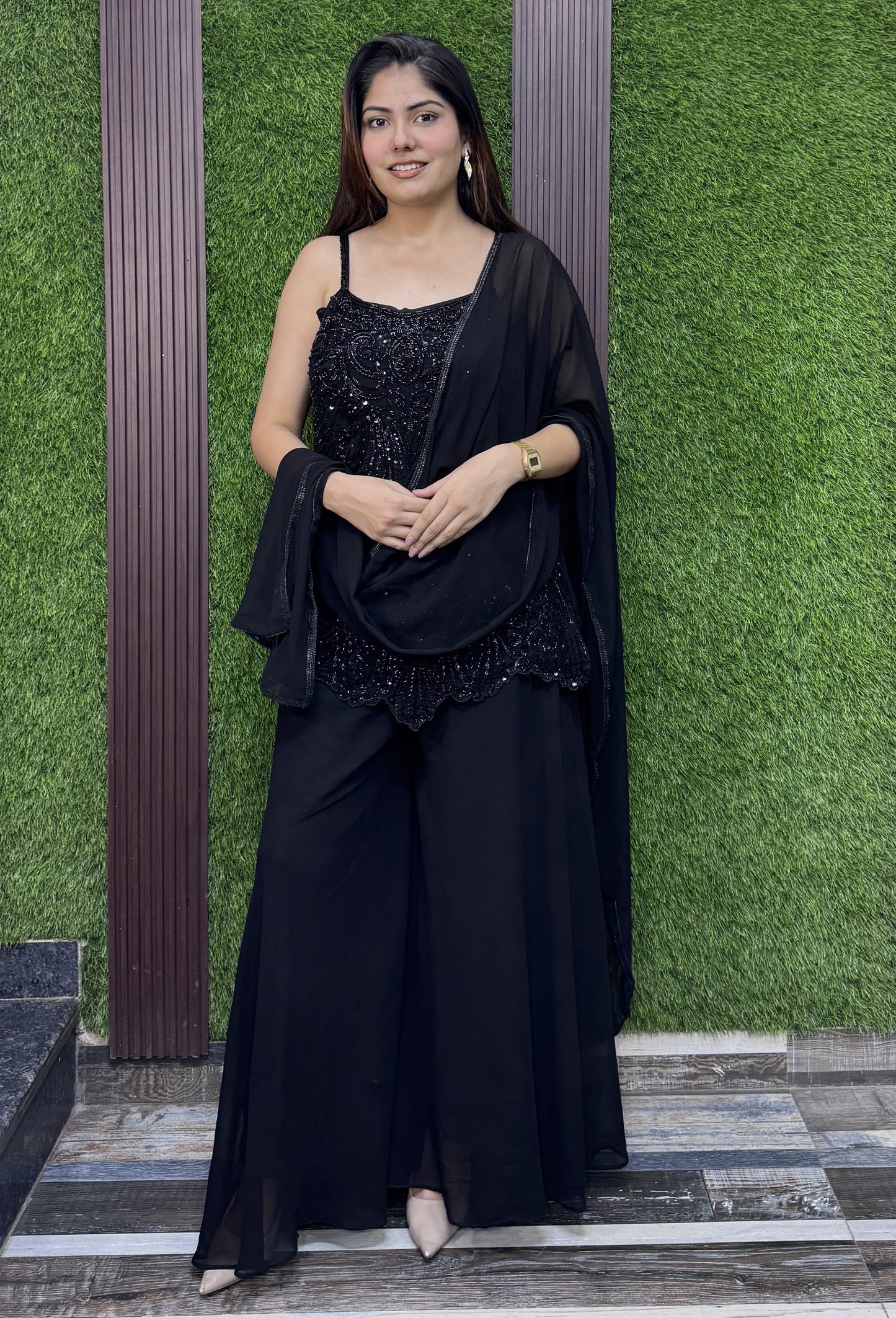 Pure Girlish Noodle Strap Short Shirt Sharara Suit with Dupatta in Black