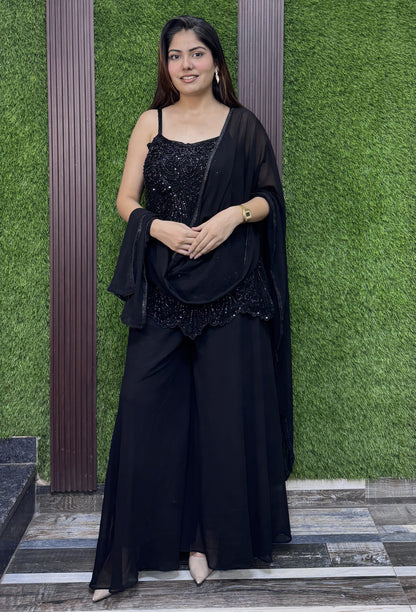 Pure Girlish Noodle Strap Short Shirt Sharara Suit with Dupatta in Black