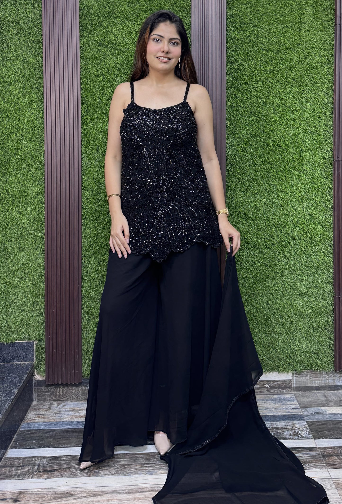 Pure Girlish Noodle Strap Short Shirt Sharara Suit with Dupatta in Black