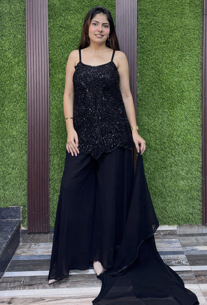 Pure Girlish Noodle Strap Short Shirt Sharara Suit with Dupatta in Black
