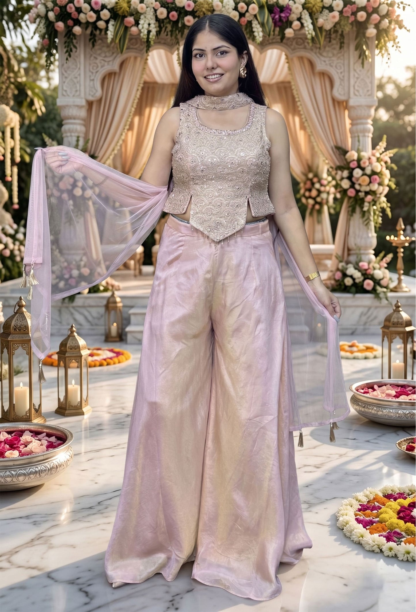 Girlish Crop Top Sharara Mirror and Sequence Work Dupatta in Light Pink