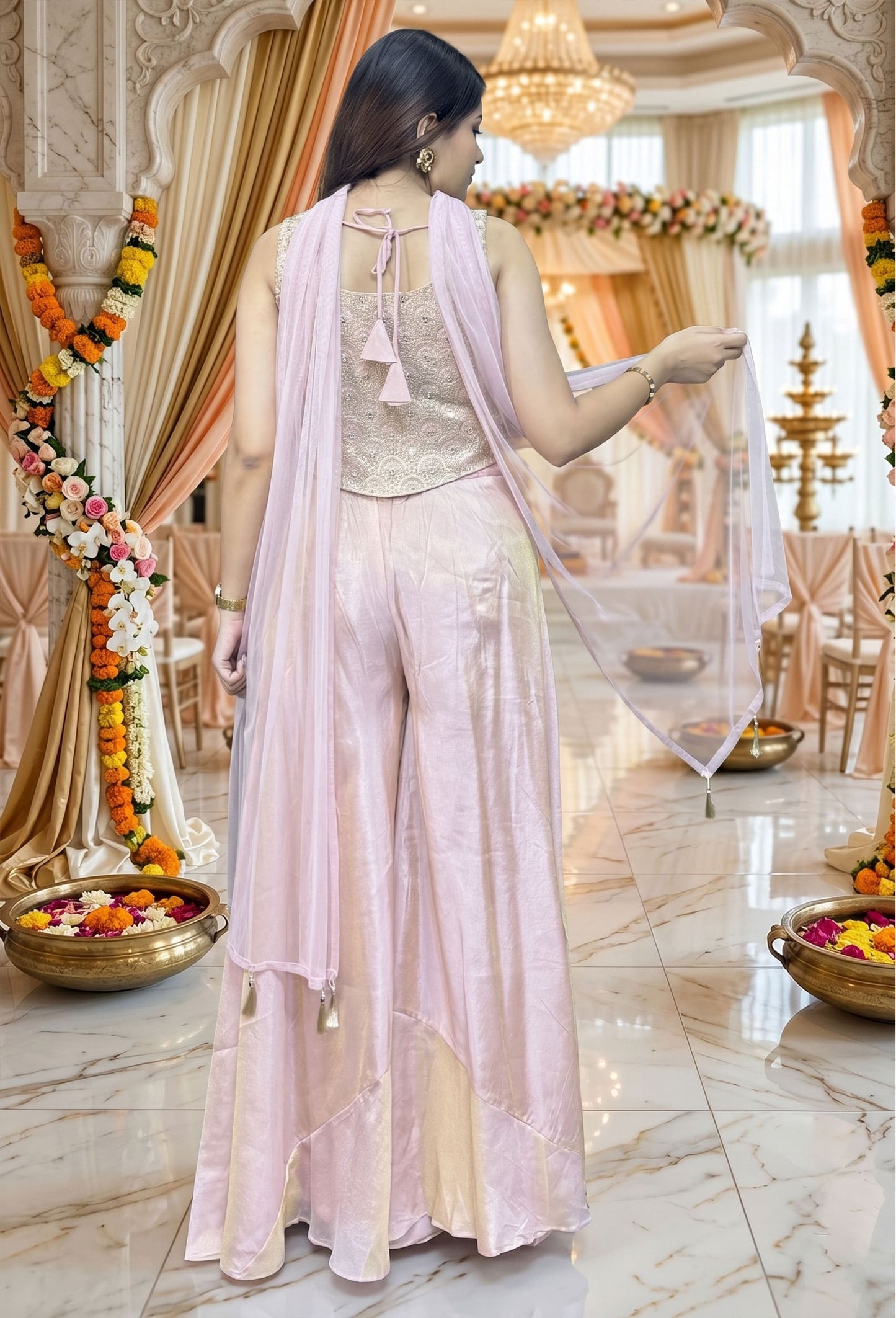 Girlish Crop Top Sharara Mirror and Sequence Work Dupatta in Light Pink