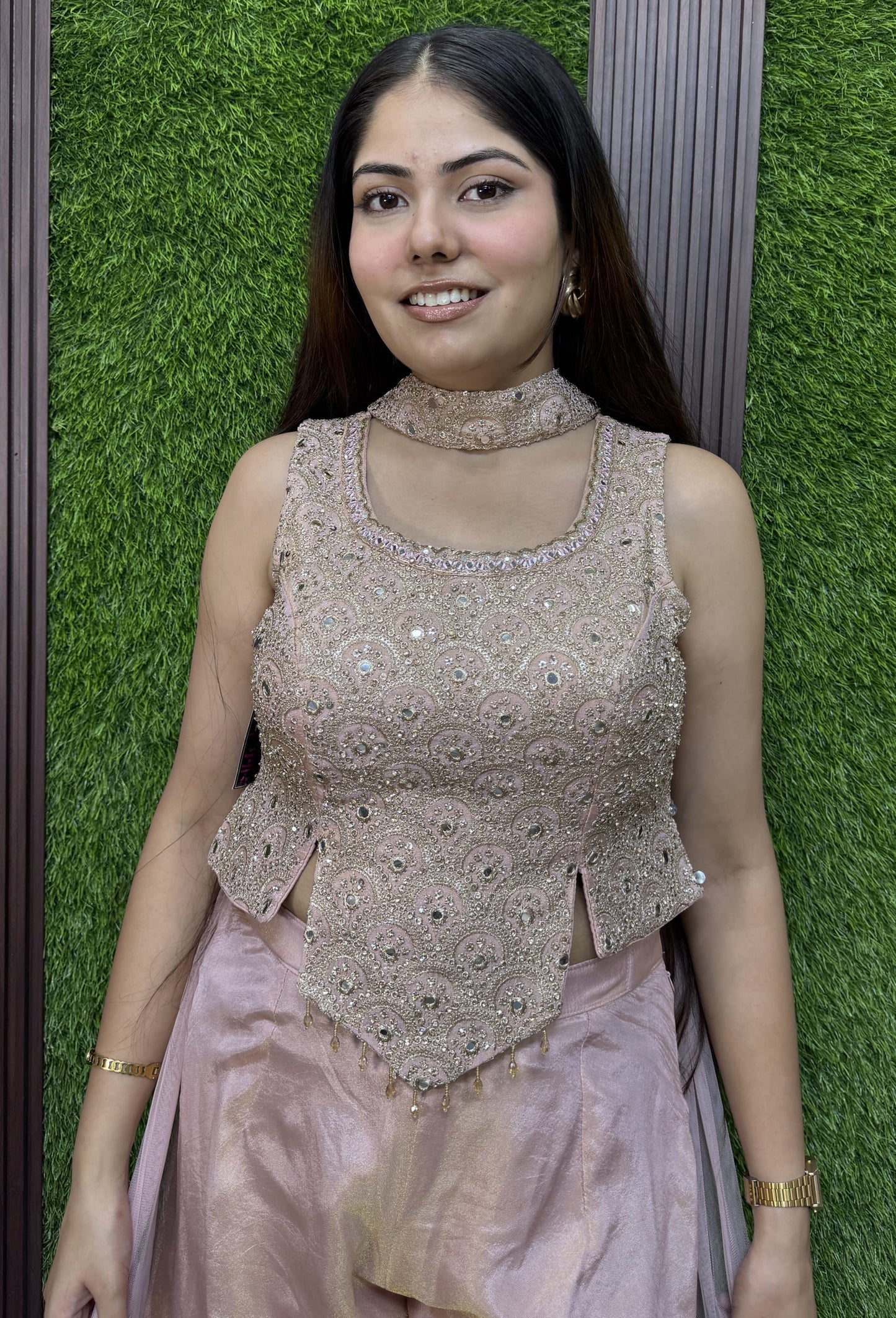 Girlish Crop Top Sharara Mirror and Sequence Work Dupatta in Light Pink