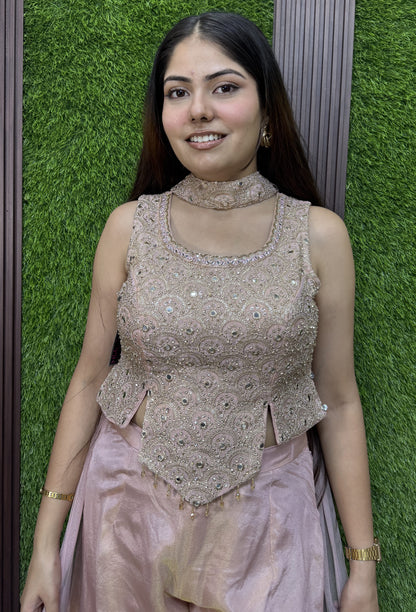 Girlish Crop Top Sharara Mirror and Sequence Work Dupatta in Light Pink