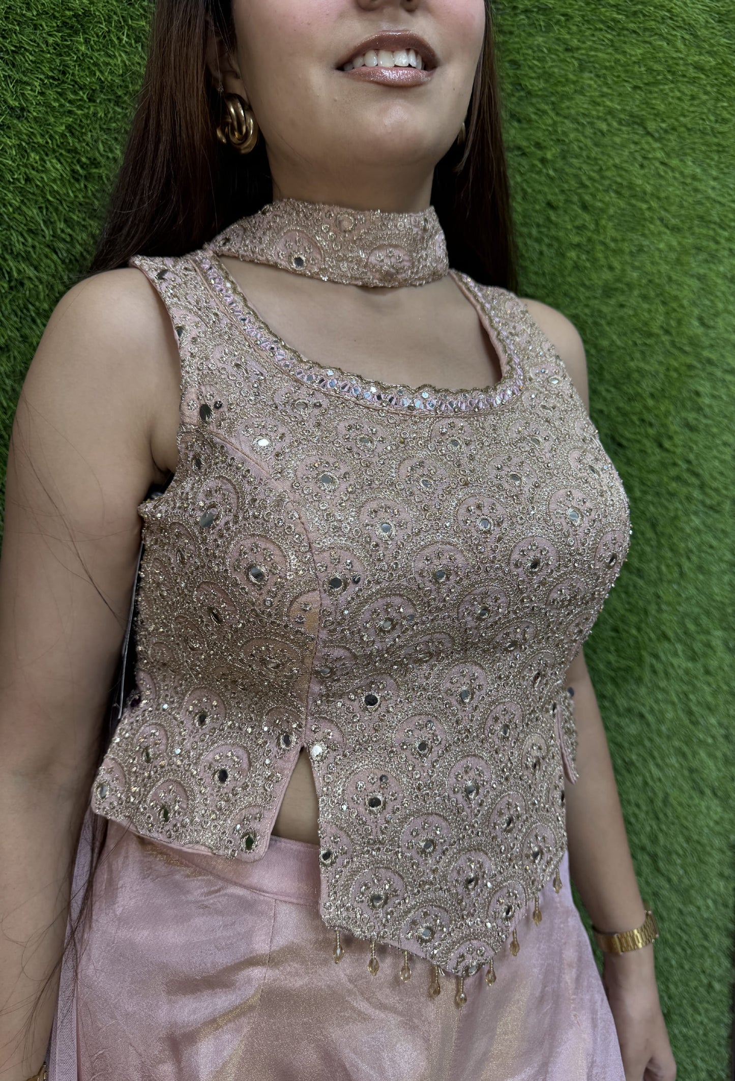 Girlish Crop Top Sharara Mirror and Sequence Work Dupatta in Light Pink