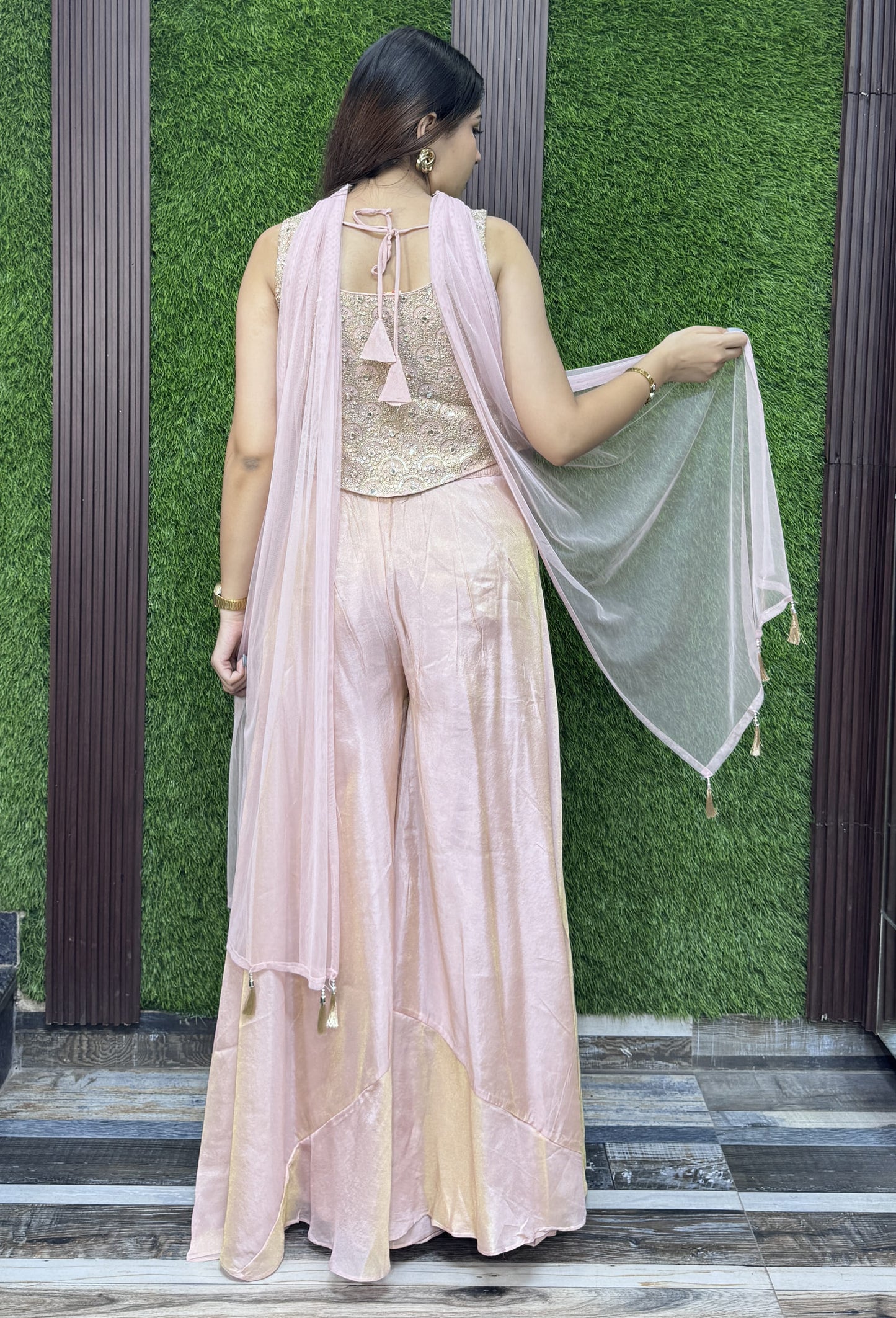 Girlish Crop Top Sharara Mirror and Sequence Work Dupatta in Light Pink