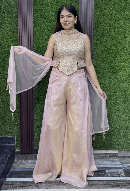 Girlish Crop Top Sharara Mirror and Sequence Work Dupatta in Light Pink
