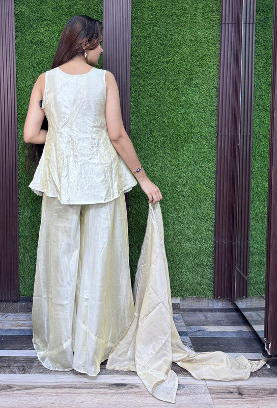 Elegant Shimmer Tissue Silk Nude Gold Short Peplum Co-Ord Set with Plazo & Dupatta