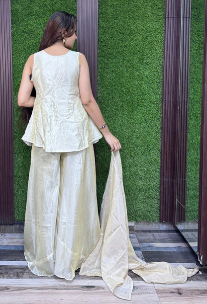 Elegant Shimmer Tissue Silk Nude Gold Short Peplum Co-Ord Set with Plazo & Dupatta