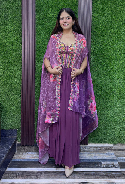 Beautiful Georgette Indo-Western Dress with Printed Digital Cape Shrug & Mirror Work Corset Blouse