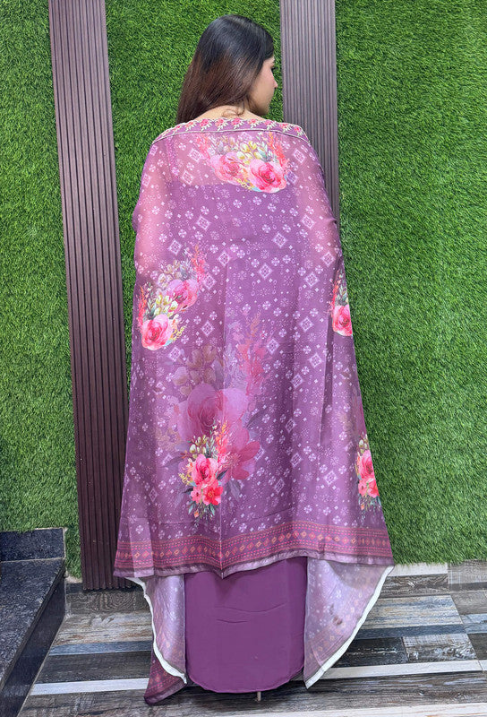Beautiful Georgette Indo-Western Dress with Printed Digital Cape Shrug & Mirror Work Corset Blouse