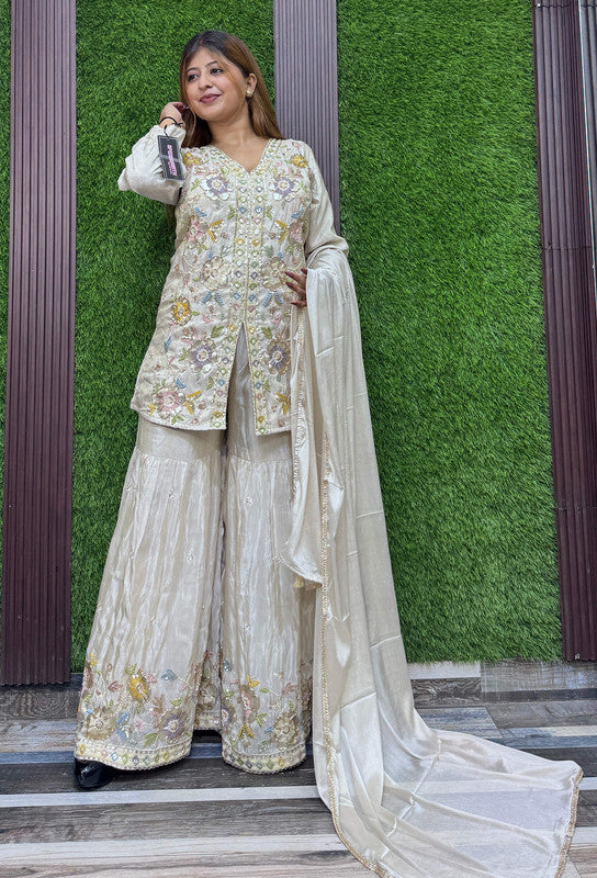 Designer Front Cut Shirt Style Co-Ord Set with Embroidered Jacquard Silk Sharara Suit & Dupatta