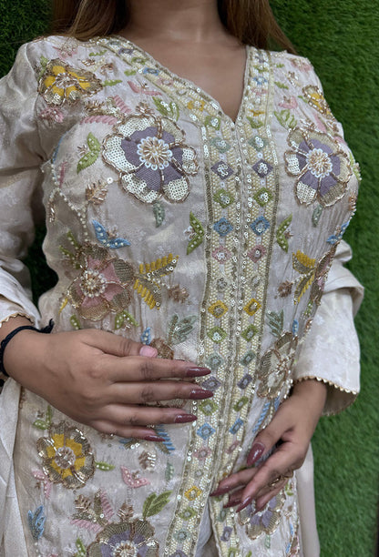Designer Front Cut Shirt Style Co-Ord Set with Embroidered Jacquard Silk Sharara Suit & Dupatta