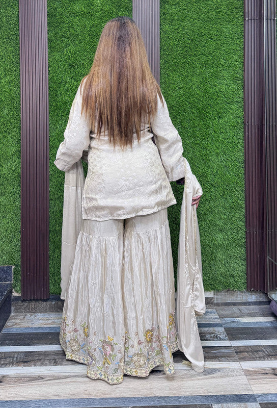 Designer Front Cut Shirt Style Co-Ord Set with Embroidered Jacquard Silk Sharara Suit & Dupatta