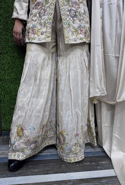Designer Front Cut Shirt Style Co-Ord Set with Embroidered Jacquard Silk Sharara Suit & Dupatta