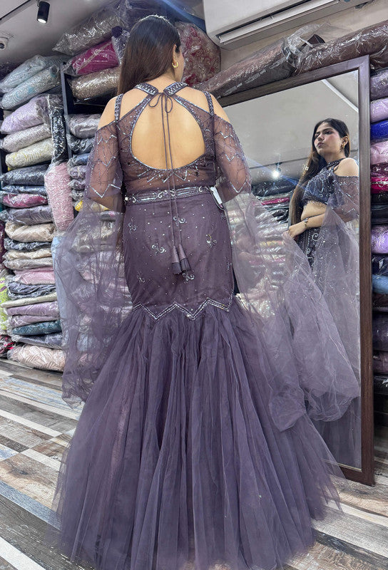 Stylish Hand Embellished Mesh Net Fish Cut Lehenga & Falling Cape Sleeves with Halter Neck Blouse