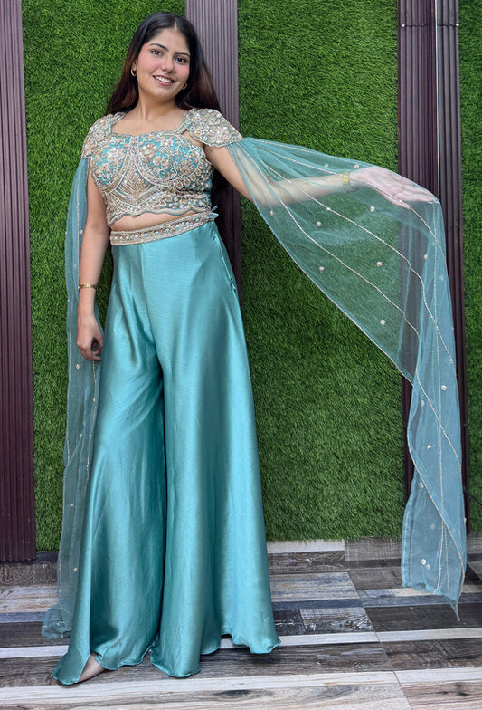 Stylish Hand Embroidered Crop Top with Flared Plazo & Falling Connected Sleeves