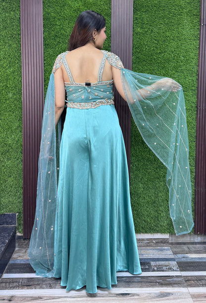 Stylish Hand Embroidered Crop Top with Flared Plazo & Falling Connected Sleeves