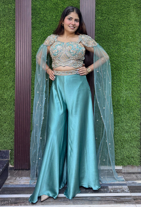 Stylish Hand Embroidered Crop Top with Flared Plazo & Falling Connected Sleeves