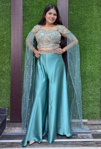 Stylish Hand Embroidered Crop Top with Flared Plazo & Falling Connected Sleeves