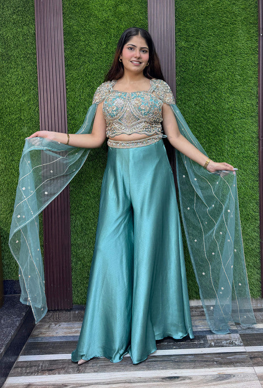 Stylish Hand Embroidered Crop Top with Flared Plazo & Falling Connected Sleeves