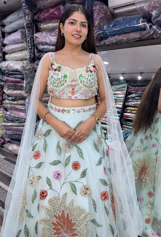 Stylish Sky Blue Hand Embellished Pearl Beadwork Lehenga Choli with Connected Falling Sleeves