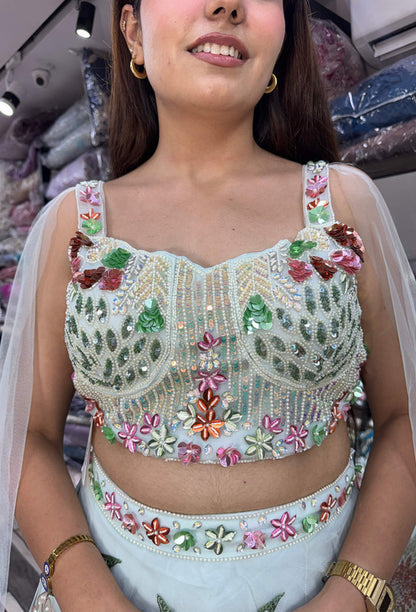 Stylish Sky Blue Hand Embellished Pearl Beadwork Lehenga Choli with Connected Falling Sleeves