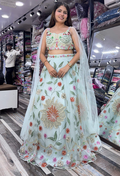 Stylish Sky Blue Hand Embellished Pearl Beadwork Lehenga Choli with Connected Falling Sleeves