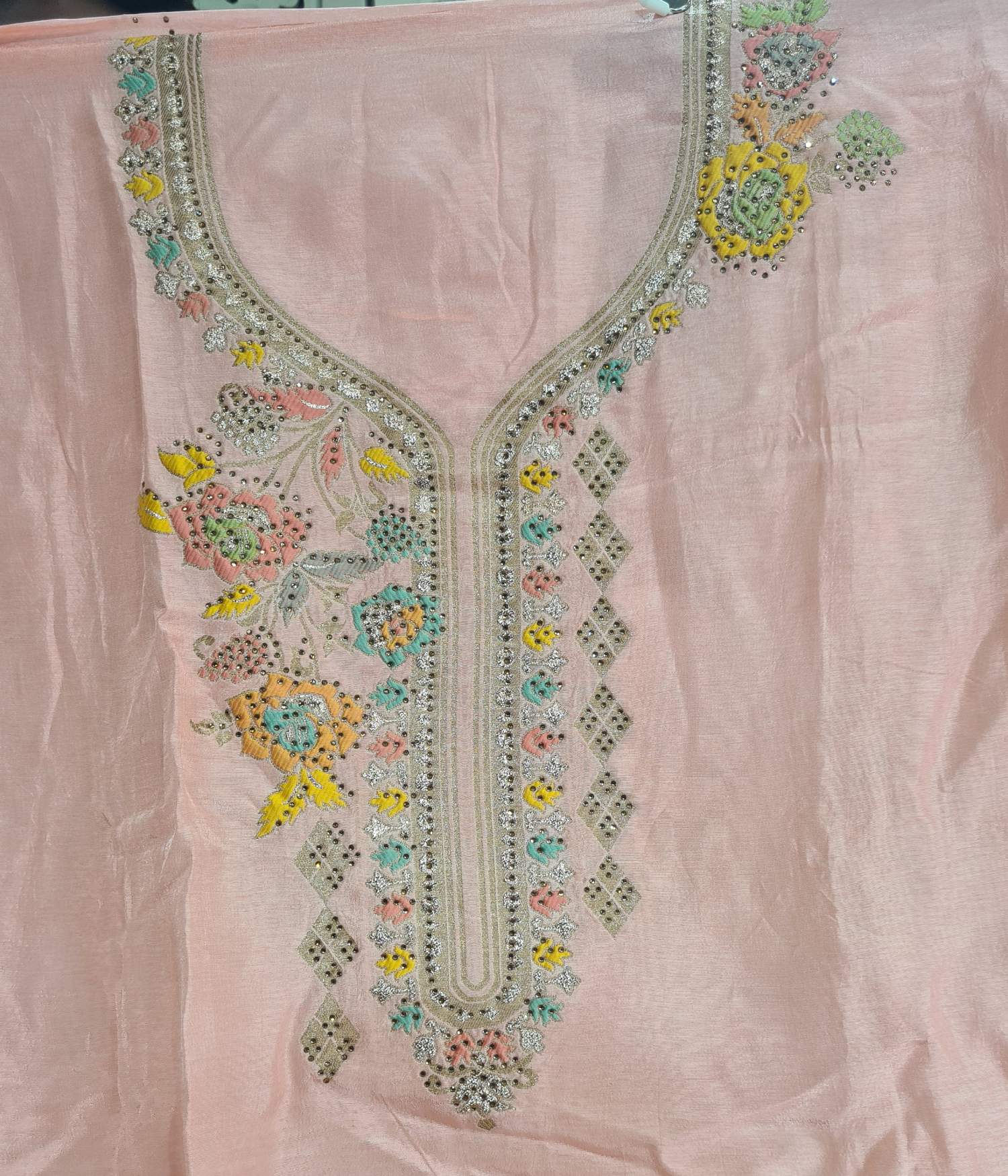 Partywear Unstitched Suit-spendworthclothing-Color_Off White,Color_Pink,Easy-Returns,Free-Shipping,Item Type_Unstitch Suit,Material_Silk,Size_Large,Size_Medium,Size_Small,Size_XL,Speedy-Deliveries,Unstich Suits