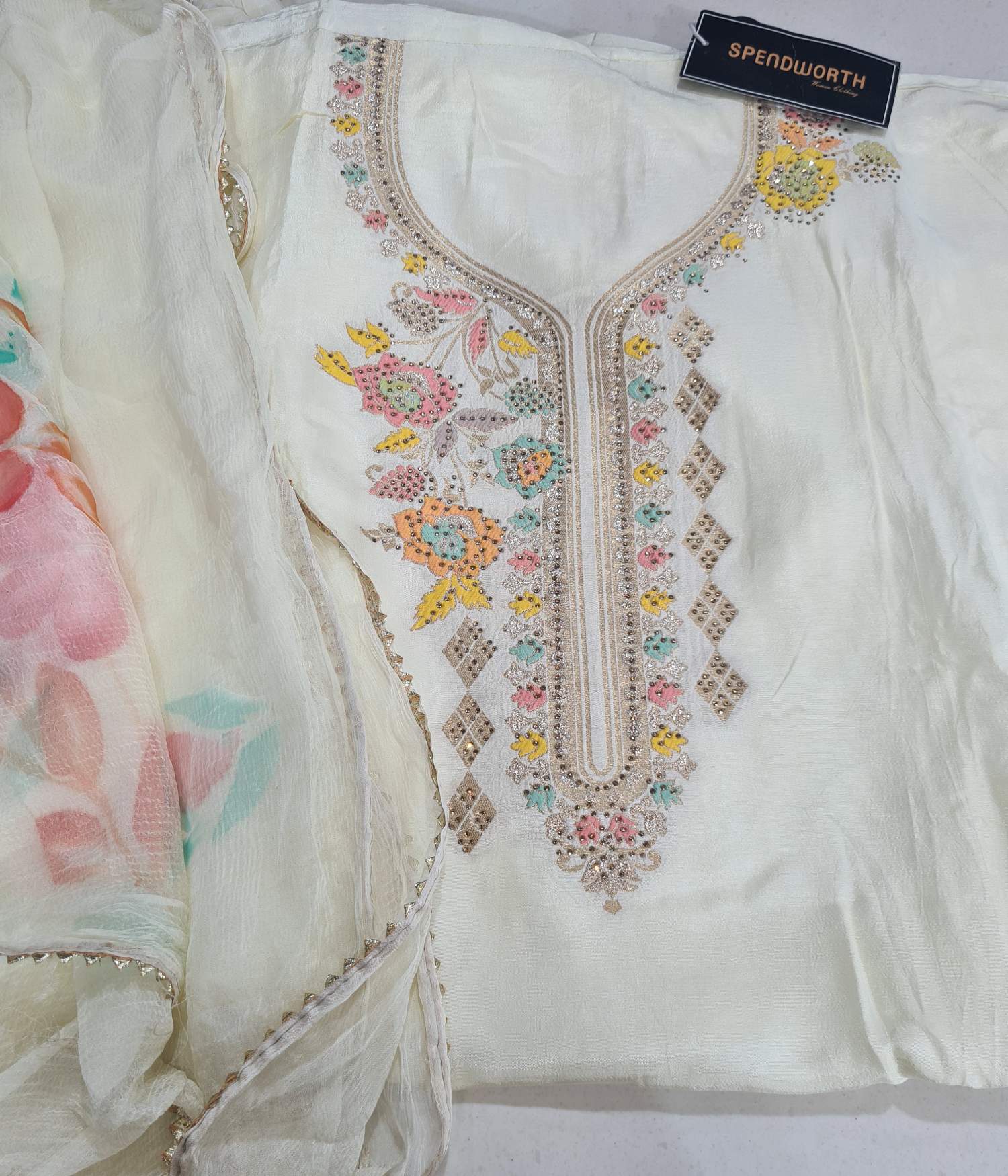 Partywear Unstitched Suit-spendworthclothing-Color_Off White,Color_Pink,Easy-Returns,Free-Shipping,Item Type_Unstitch Suit,Material_Silk,Size_Large,Size_Medium,Size_Small,Size_XL,Speedy-Deliveries,Unstich Suits